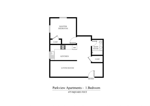 Floor plan for 1 bed, 1 bath, 675 sqft